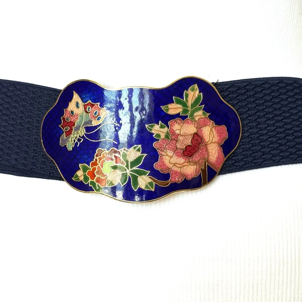 Vintage Cloisonné Floral Blue Stretchy Belt